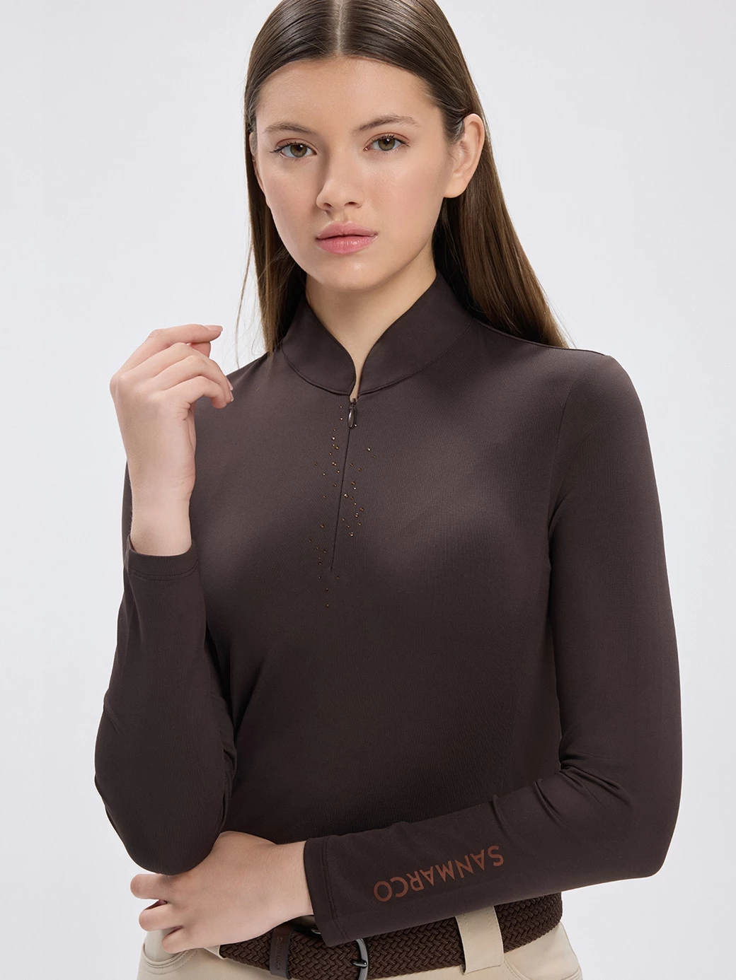 ASPEN-STRASS BROWN STRASS TAŞ DETAYLI KADIN UZUN KOL FERMUARLI T-SHIRT 