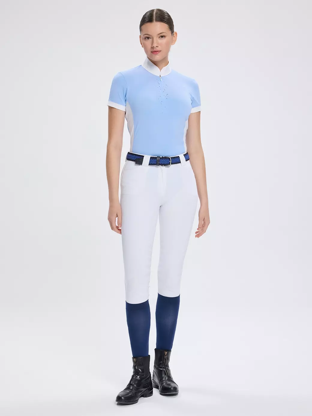 MINERVA CELESTIAL BLUE STRASS TAŞ DETAYLI KADIN KISA KOL YARIŞMA POLO 