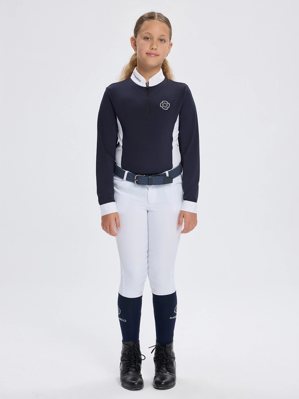 PAOLA-JR NAVY/WHITE GIRL'S COMPETITION POLO LONG SLEEVE 