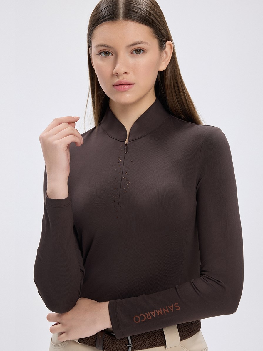 ASPEN-STRASS BROWN STRASS TAŞ DETAYLI KADIN UZUN KOL FERMUARLI T-SHIRT 
